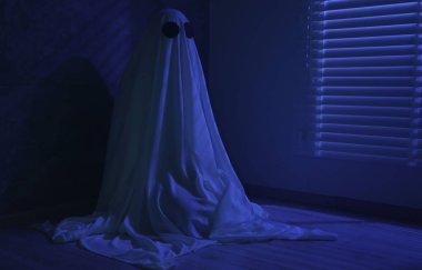 Ürkütücü hayalet. Pencerenin yanındaki mavi ışıkla örtülü kadın, metin için boşluk