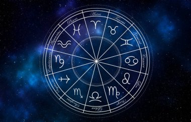 Zodiac tekeri gece yıldızlı gökyüzüne karşı 12 işaret gösteriyor