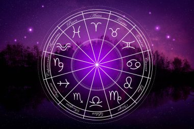 Zodiac tekeri gece manzarasına karşı 12 işaret gösteriyor