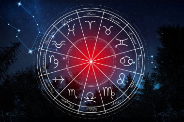 Zodiac tekeri gece gökyüzüne karşı 12 işaret gösteriyor