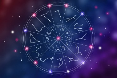Sembollü Zodiac tekerleği ve uzaya karşı yıldız çubuğu şekilleri