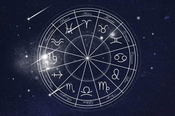 Koło Zodiaku Pokazuje Znaków Nocnym Niebie — Zdjęcie stockowe