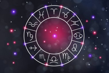 Zodiac tekerleği boşluğa karşı 12 işaret gösteriyor