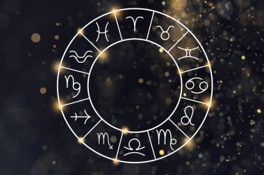 Zodiac tekerleği boşluğa karşı 12 işaret gösteriyor