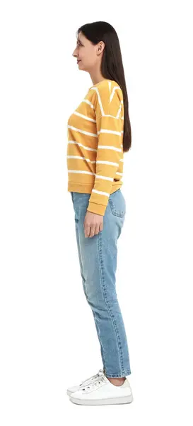 Ung Kvinde Jeans Sweater Hvid Baggrund - Stock-foto