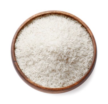 Tabakta çiğ basmati pilavı, beyaz, üst manzara.