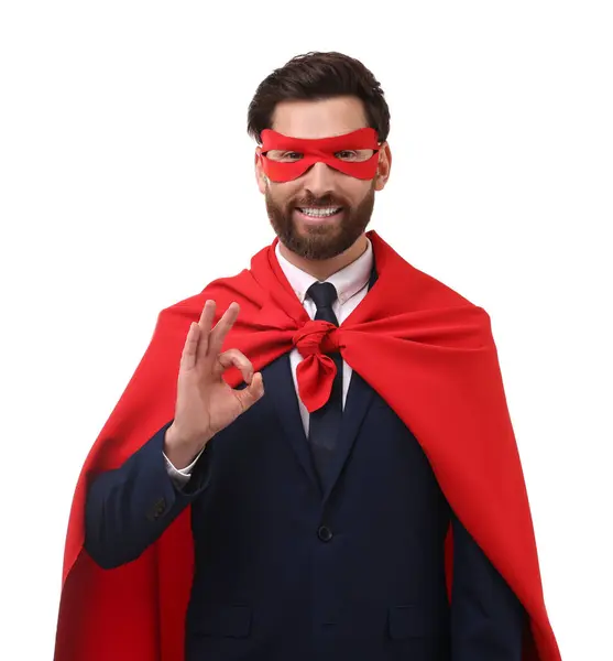 Gelukkig Zakenman Rode Superheld Cape Masker Tonen Gebaar Witte Achtergrond — Stockfoto