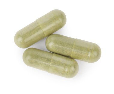 Beyaz, üst görünümde izole edilmiş vitamin kapsülleri