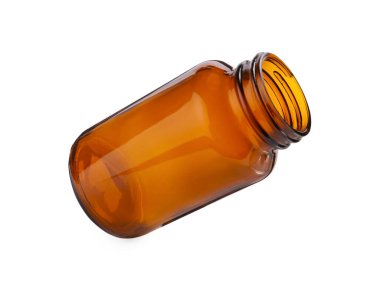 Boş cam hap şişesi beyaza izole edilmiş.