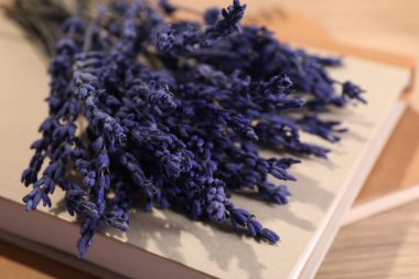 Masada güzel korunmuş lavanta çiçekleri ve defterler var. Yakın plan.