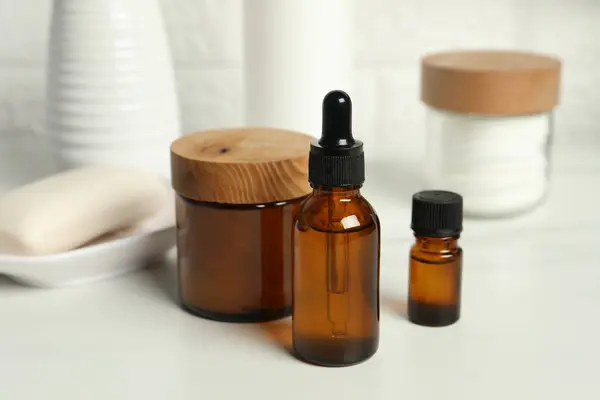 stock image Bath accessories. Personal care products on white table, closeup