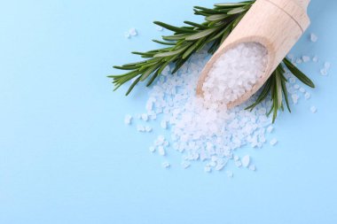 Tuz, ahşap kepçe ve açık mavi arka planda biberiye. Metin için boşluk