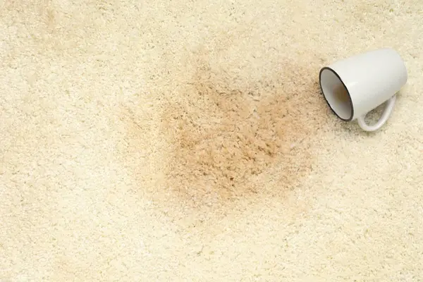Overturned cup and spilled drink on beige carpet, top view. Space for text