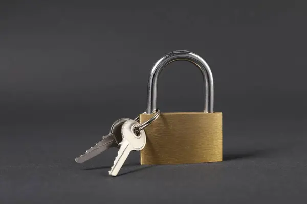 Steel padlock with keys on dark grey background, closeup