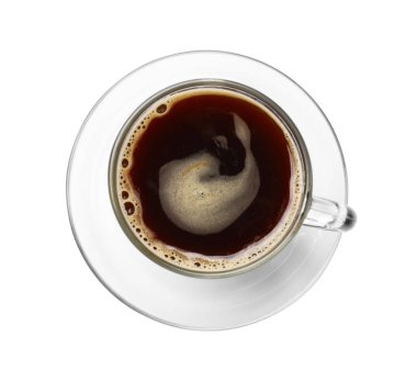 Beyaz camlı fincanda izole edilmiş Aromatik kahve, üst manzara