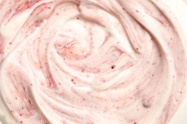 Arka plan olarak reçelli lezzetli yoğurt, üst görünüm