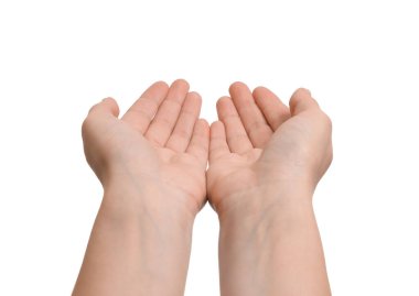 Bir şey beyaz arka planda, closeup elinde tutan kadın