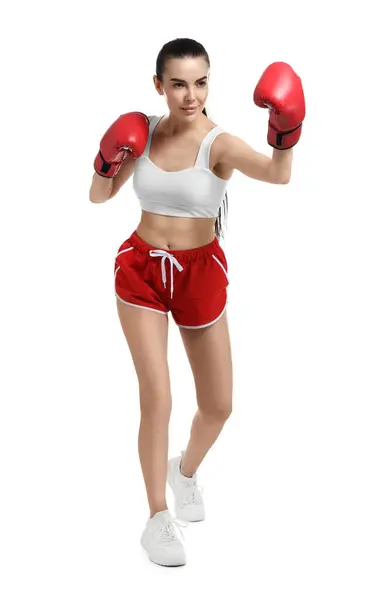 Beautiful Woman Boxing Gloves Training White Background Stock Picture