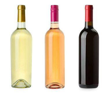 Beyaz, gül ve kırmızı şarap şişeleri