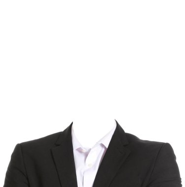 Pasaport fotoğrafı ya da diğer belgeler için kıyafet değiştirme şablonu. Resmi giysi beyazda izole edildi