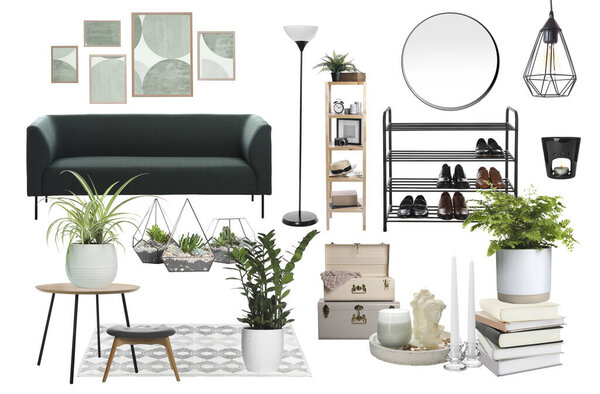 Стильный интерьер зала с различными декоративными элементами и мебелью на белом фоне. Коллаж на доске настроения