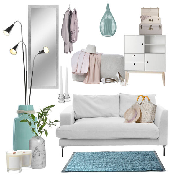 Стильный интерьер зала с различными декоративными элементами и мебелью на белом фоне. Коллаж на доске настроения