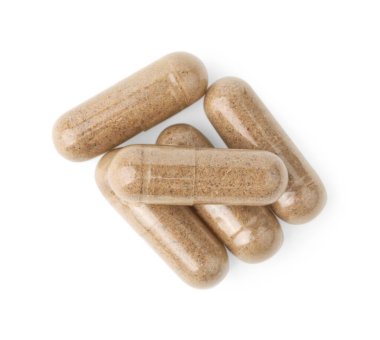 Beyaz, üst görünümde izole edilmiş vitamin kapsülleri