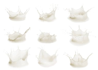 Beyazlara izole edilmiş süt damlaları, set