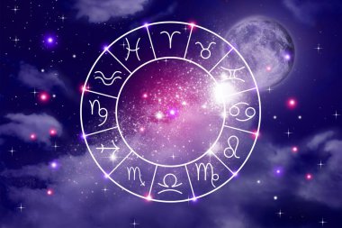 Zodiac tekeri gece gökyüzüne karşı 12 işaret gösteriyor