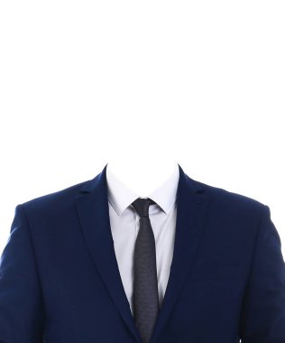 Pasaport fotoğrafı ya da diğer belgeler için kıyafet değiştirme şablonu. Ofis ceketi, gömlek ve kravat beyaza izole edilmiş.