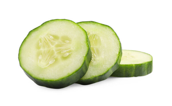 Slices of long cucumber isolated on white