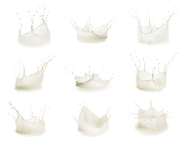 Beyazlara izole edilmiş süt damlaları, set