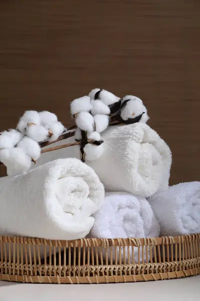 Rolled soft towels and cotton branch on white table indoors