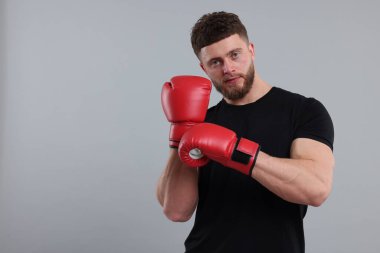 Adam gri arka plana boks eldiveni takıyor. Metin için boşluk