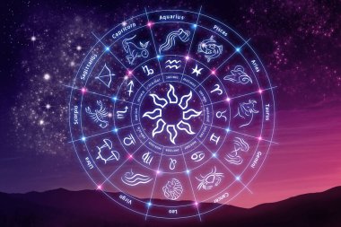 Zodiac tekeri gece gökyüzüne karşı 12 işaret gösteriyor