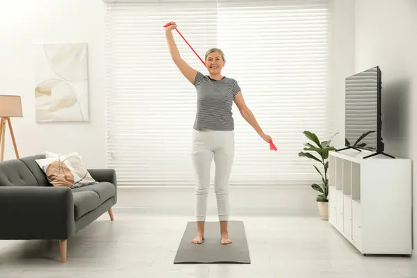 Senior Woman Doing Exercise Fitness Elastic Band Mat Home — Stock Photo, Image