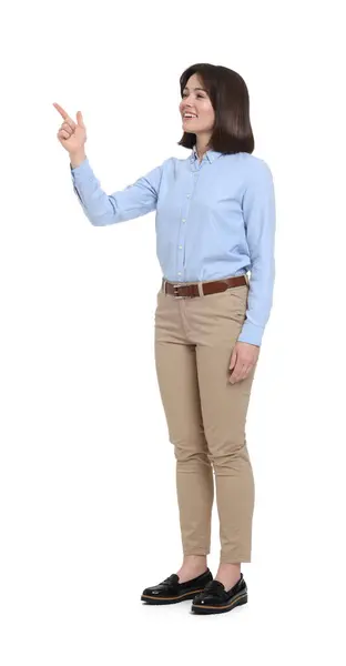 Glad Forretningskvinne Blå Skjorte Beige Bukser Hvit Bakgrunn – stockfoto