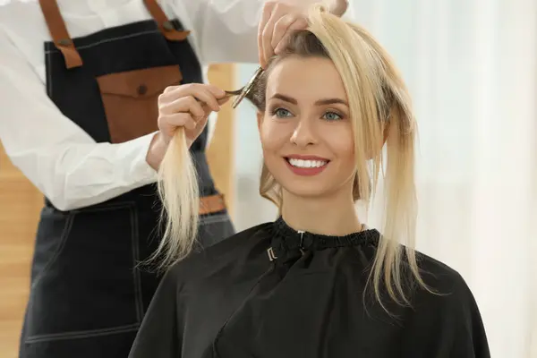 Hair styling. Professional hairdresser working with smiling client indoors, closeup