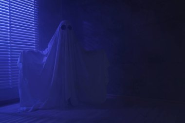 Ürkütücü hayalet. Pencerenin yanındaki mavi ışıkla örtülü kadın, metin için boşluk