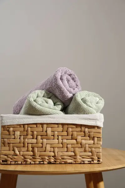 Clean towels in laundry basket on wooden table against gray background, space for text