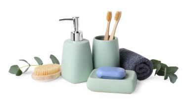 Banyo aksesuarları. Farklı kişisel bakım ürünleri ve okaliptüs yaprakları beyaz üzerine izole edilmiş.