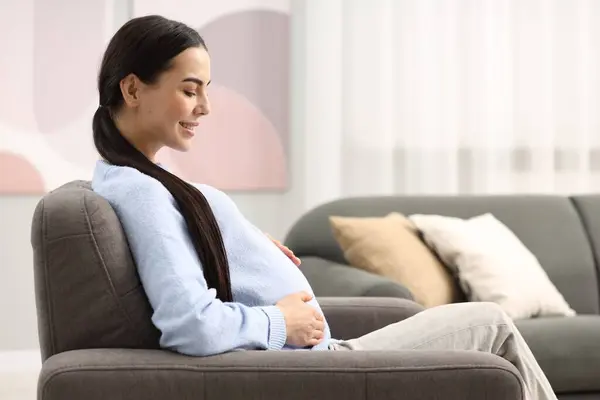 Ευτυχισμένη Έγκυος Γυναίκα Πολυθρόνα Στο Σπίτι — Φωτογραφία Αρχείου