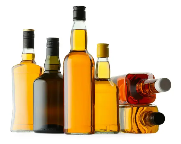 Different Sorts Whiskey Glass Bottles Isolated White Royalty Free Stock Photos