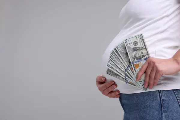 Madre Subrogada Mujer Embarazada Con Billetes Dólar Sobre Fondo Gris —  Fotos de Stock