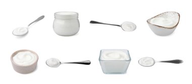 Beyaza izole edilmiş taze yoğurt, kolaj.