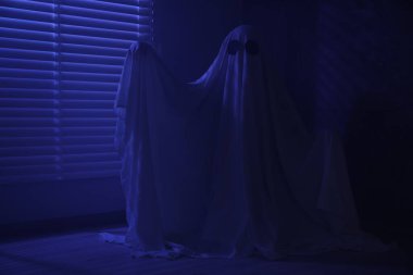 Ürkütücü hayalet. Pencerenin yanında, mavi ışıkla kaplanmış kadın.