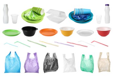 Beyaz üzerine izole edilmiş farklı plastik ögeler, set