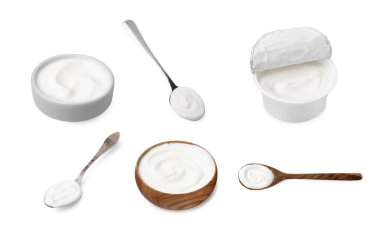 Beyaza izole edilmiş taze yoğurt, kolaj.