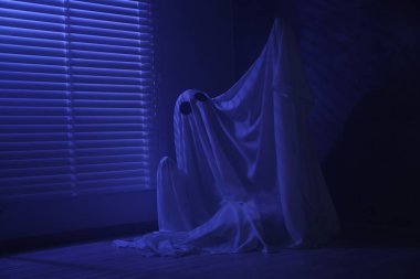Ürkütücü hayalet. Pencerenin yanında, mavi ışıkla kaplanmış kadın.