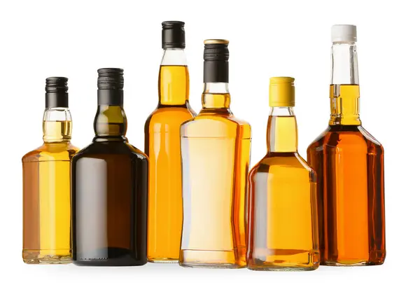 Different Sorts Whiskey Glass Bottles Isolated White Royalty Free Stock Images